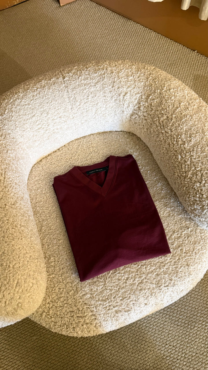 Soren V Neck Graphic Tee | Burgundy