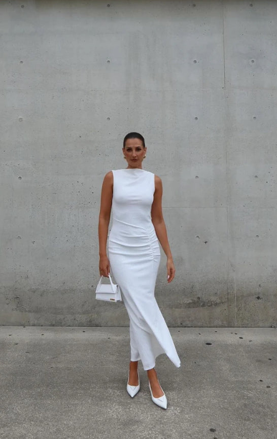 Jacqui Rouched Front Midi Dress | White