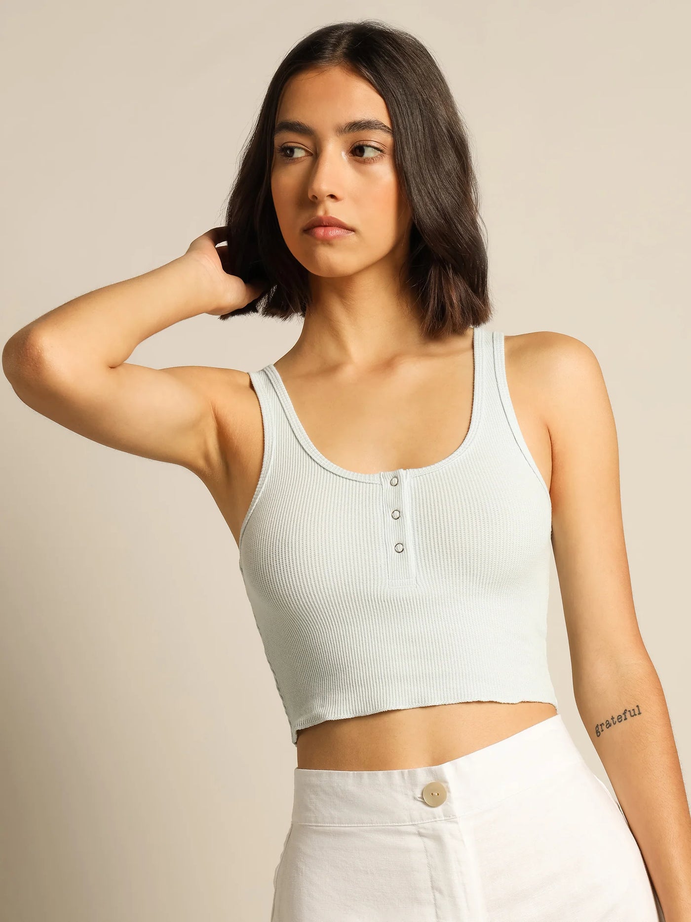 Jade Button Front Waffle Tank | Ice