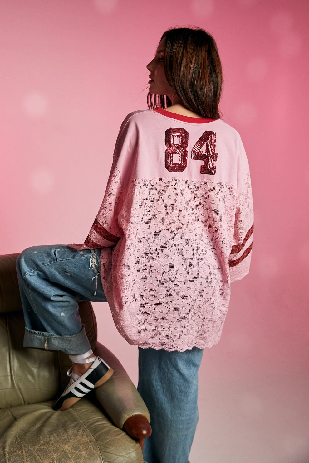 THE LACE VARSITY JERSEY- PINK