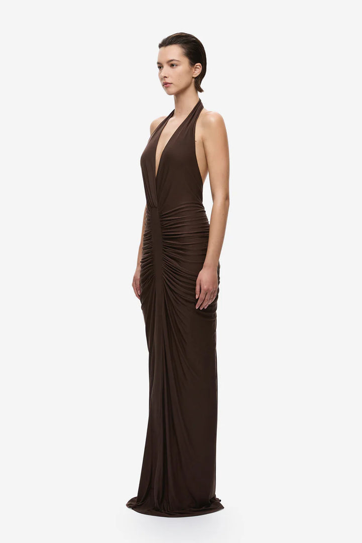 Venus Gathered Cupro Dress | Chocolate