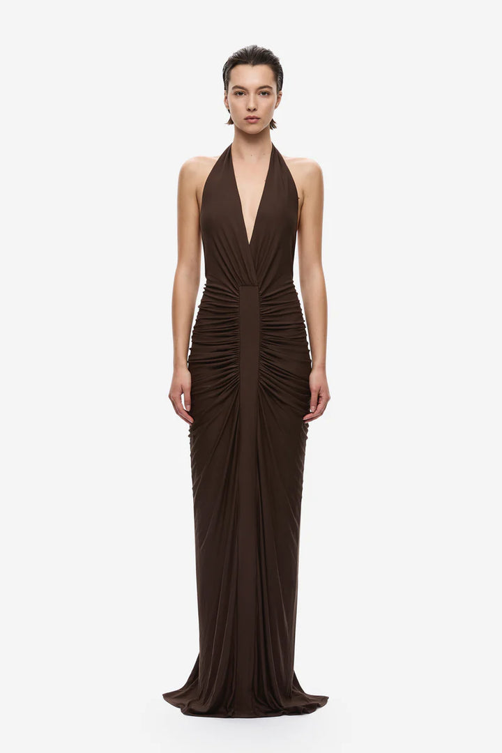 Venus Gathered Cupro Dress | Chocolate