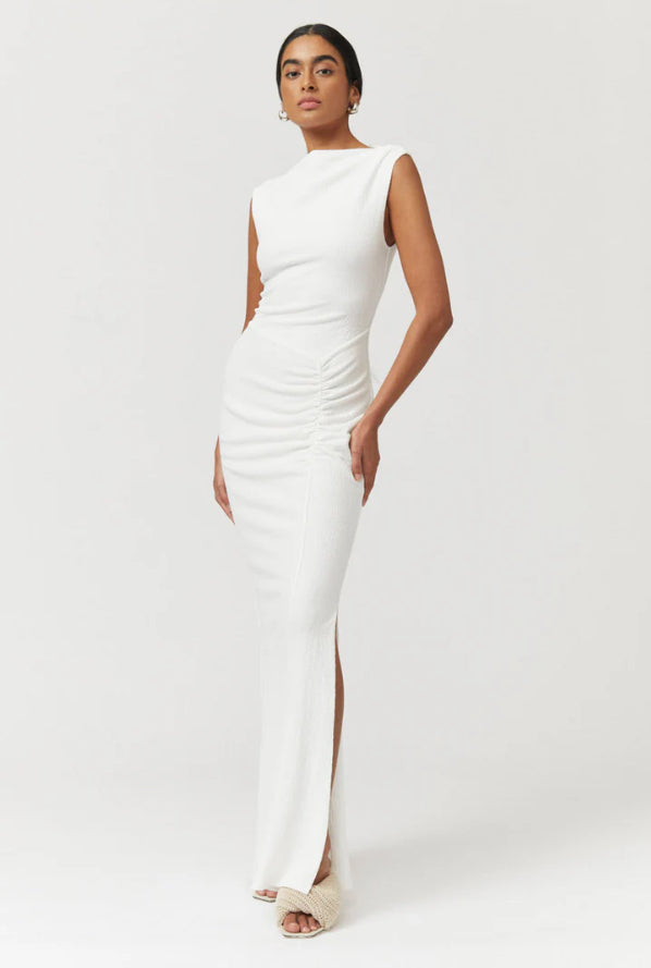 Jacqui Rouched Front Midi Dress | White