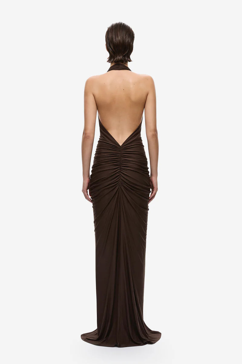 Venus Gathered Cupro Dress | Chocolate