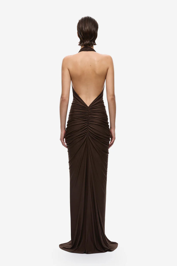 Venus Gathered Cupro Dress | Chocolate