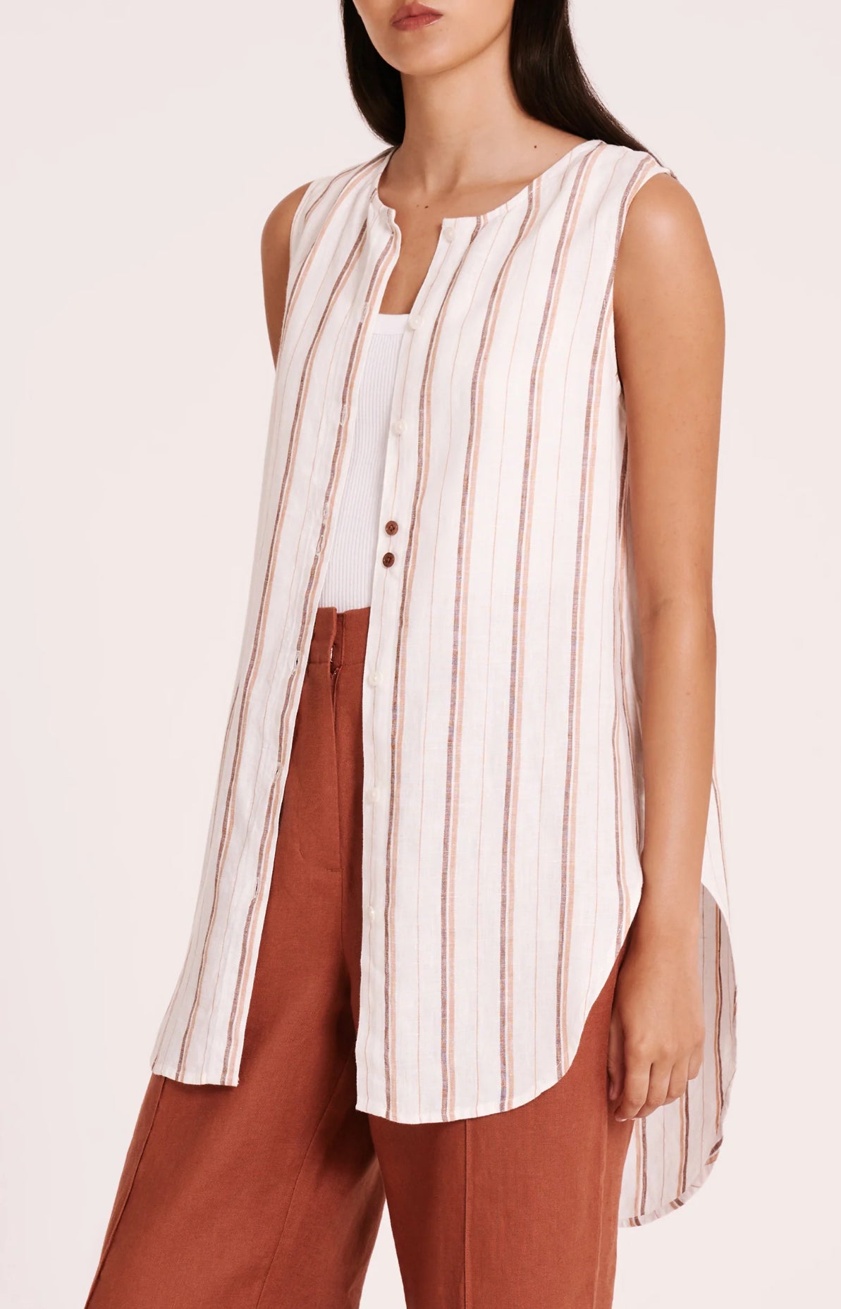 AISHA Linen Sleeveless Shirt | Amber Stripe