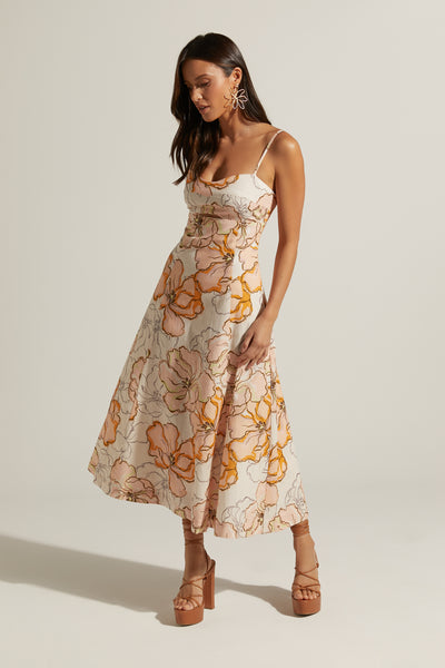 Carietta Linen Blend Strappy Sweetheart Cut Out A Line Midi Dress | Maison Fleur