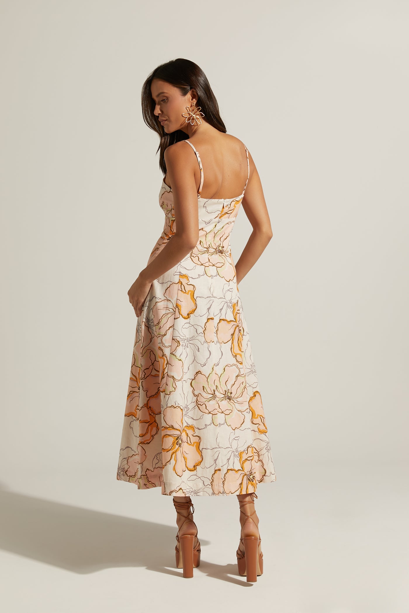 Carietta Linen Blend Strappy Sweetheart Cut Out A Line Midi Dress | Maison Fleur