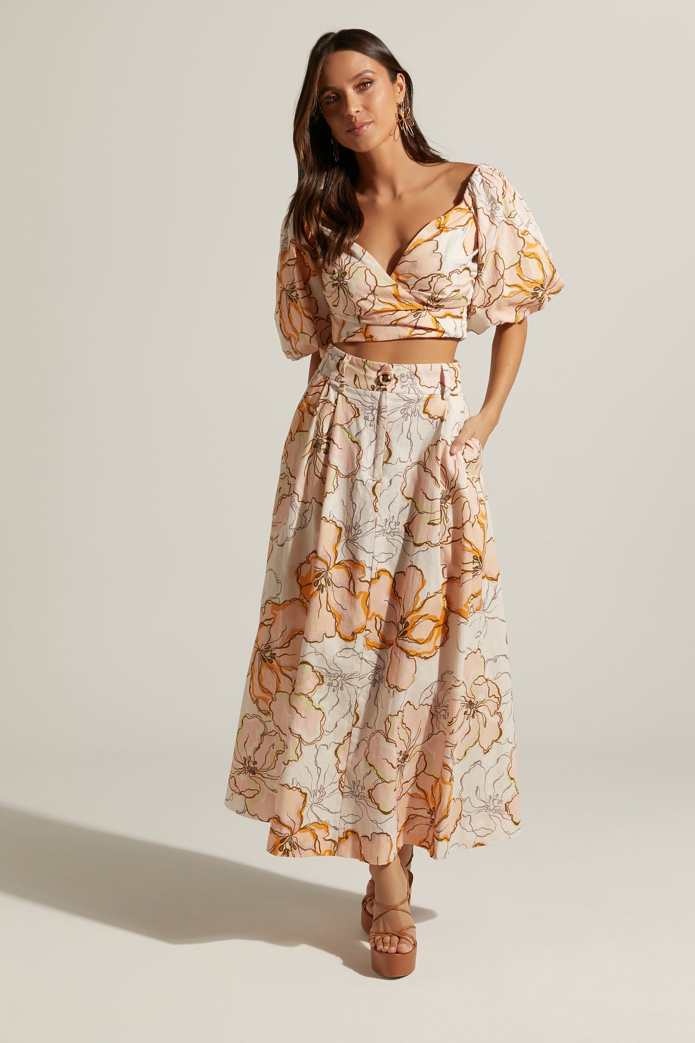 Alienor Linen Blend High Waisted Midi Skirt | Maison Fleur