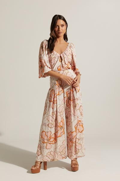 Berenice Linen Blend V Neck Short Puff Sleeve Wide Leg Jumpsuit | Maison Fleur