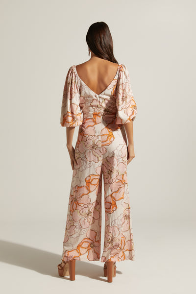 Berenice Linen Blend V Neck Short Puff Sleeve Wide Leg Jumpsuit | Maison Fleur