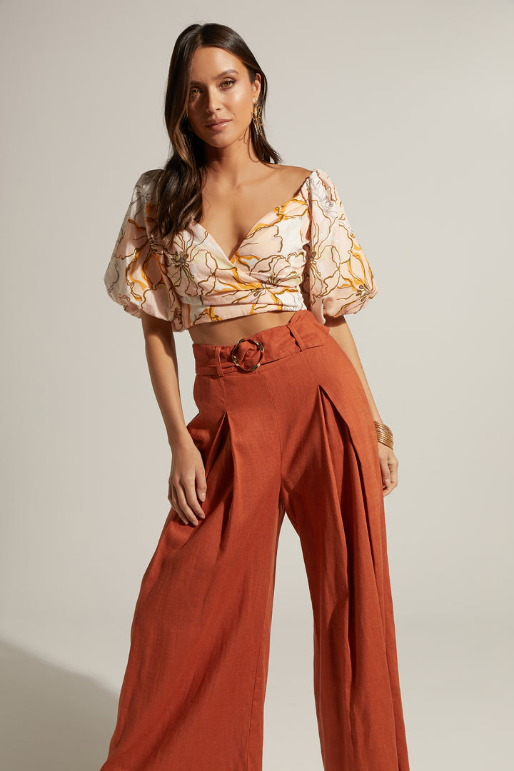 Reine Linen Blend High Waisted Wide Leg Pleat Pants | Burnt Sienna