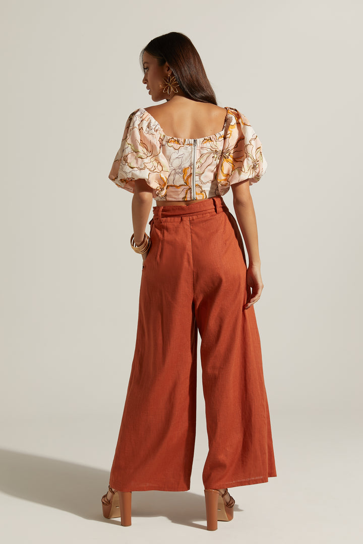 Reine Linen Blend High Waisted Wide Leg Pleat Pants | Burnt Sienna