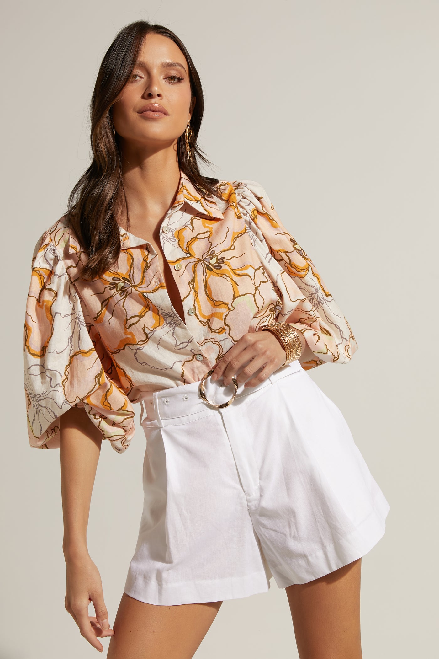 Hanae Linen Blend Collared Button Through Puff Sleeve Shirt | Maison Fleur