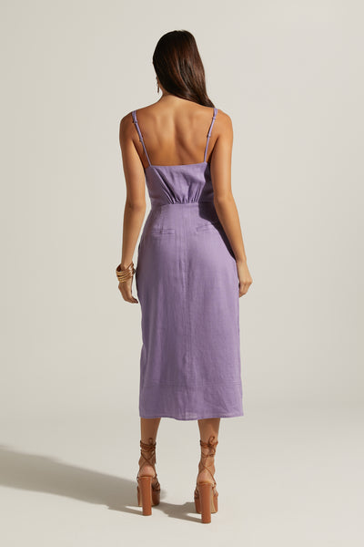Camille Linen Blend V Neck Tie Waist Midi Dress | Mauve