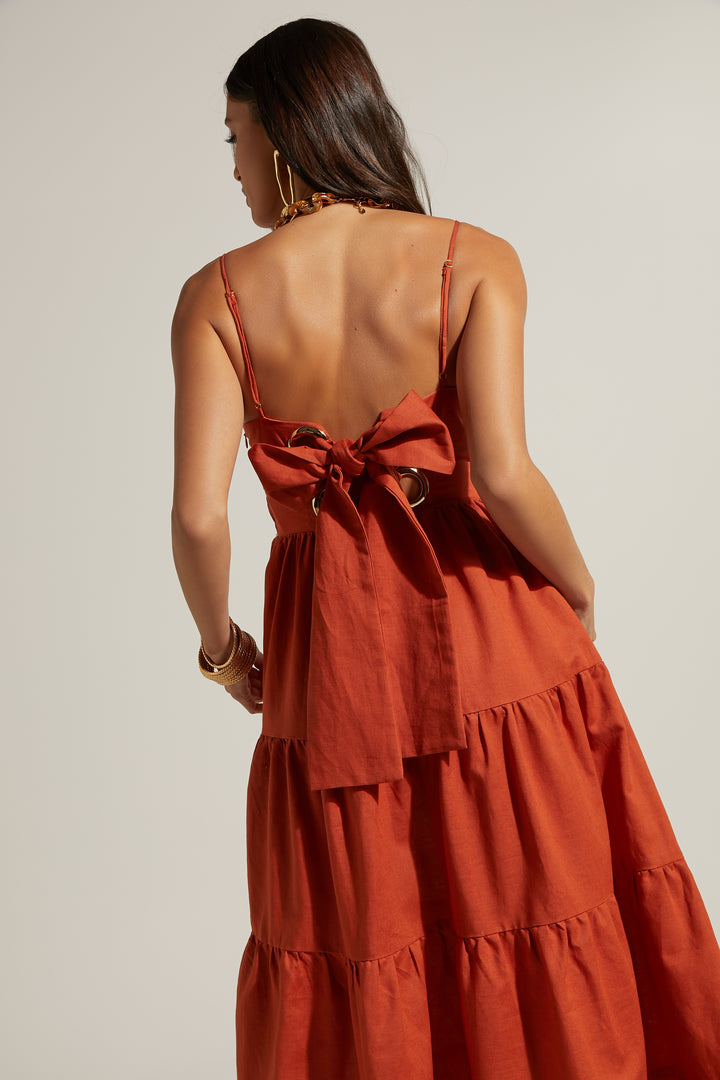 Emerita Twist Front Tie Up Back Midaxi Dress | Burnt Sienna