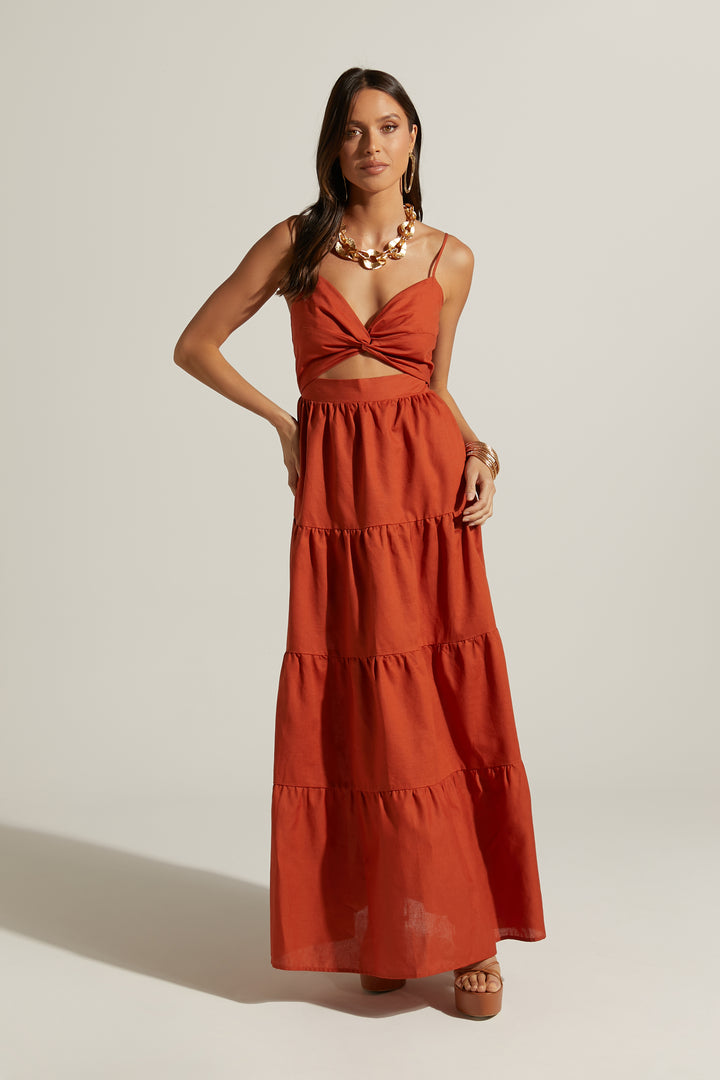 Emerita Twist Front Tie Up Back Midaxi Dress | Burnt Sienna