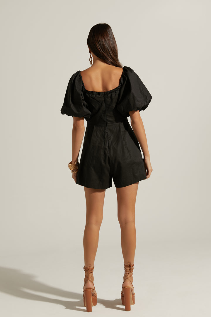 Palais Linen Blend Off Shoulder Puff Sleeve Sweetheart Neck Playsuit | Black